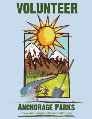 Volunteer Anchorage Parks art graphic with sun, mountains, and shovel