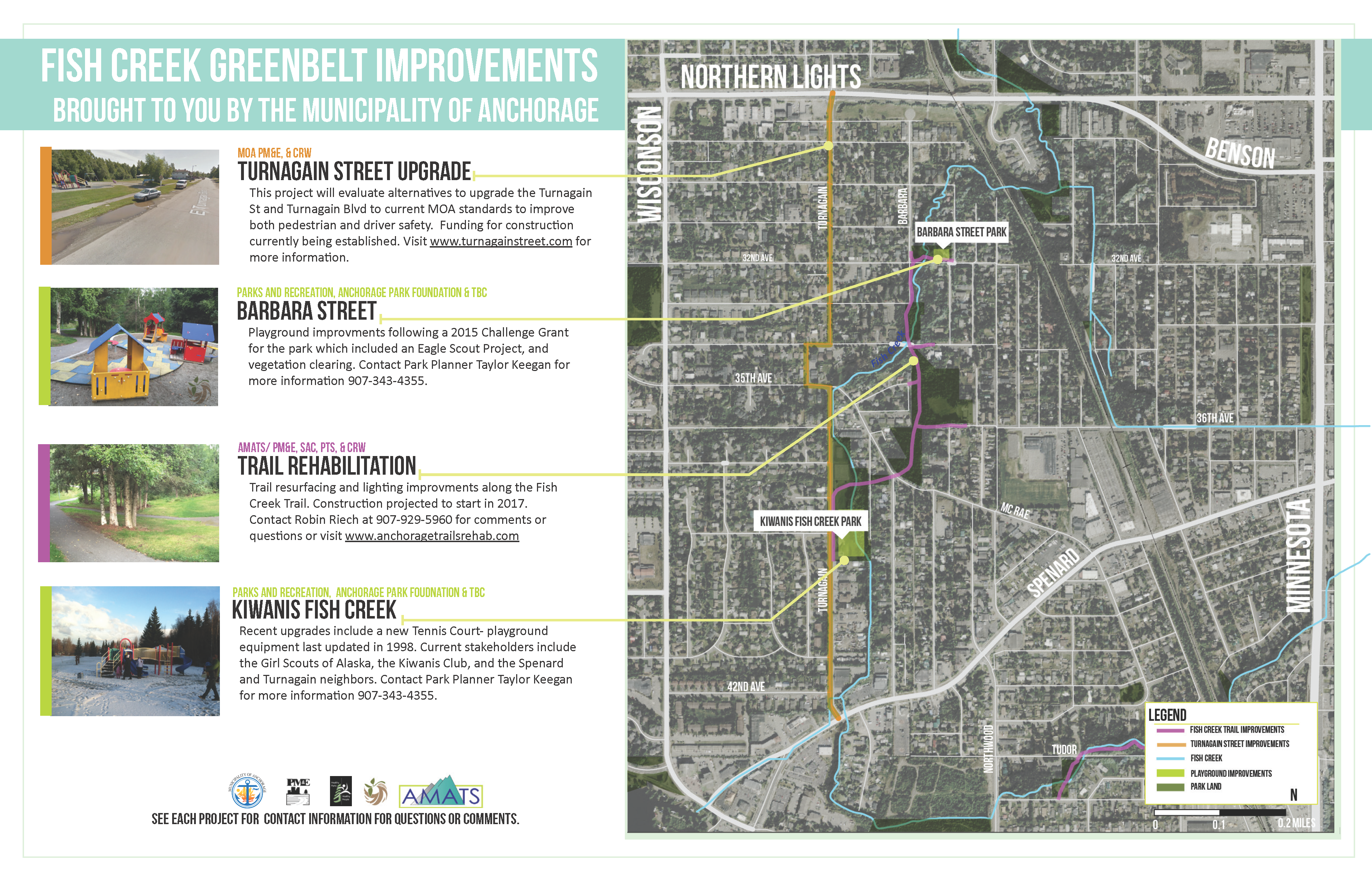 Fish Creek Greenbelt Improvements map, brought to you by the Municipality of Anchorage. Turnagain Street upgrade: This project will evaluate alternatives to upgrade Turnagain St and Turnagain Blvd to current MOA standards to improve both pedestrian and river safety. Funding for construction is currently being established. Visit www.turnagainstreet.com for more information. Barbara Street: Playground improvements following a 2015 Challenge Grant for the park which included an Eagle Scout Project and vegetation cleaning. Contact Park Planner Taylor Keegan for more information at 907-343-4355. Trail rehabilitation: Trail resurfacing and lighting improvements along the Fish Creek Trail. Construction projected to start in 2017. Contact Robin Riech at 907-929-5960 for comments or questions or visit www.anchoragetrailsrehab.com Kiwanis Fish Creek: Recent upgrades include a new tennis court- playground equipment last updated in 1998. Current stakeholders include the Girl Scouts of Alaska, the Kiwanis Club, and the Spenard and Turnagain neighbors. Contact Park Planner, Taylor Keegan for more information 907-343-4355.