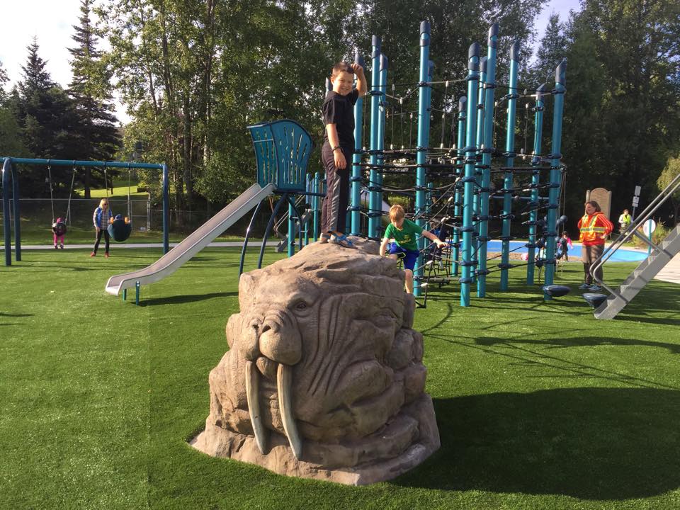 Boy standing on walrus playground
