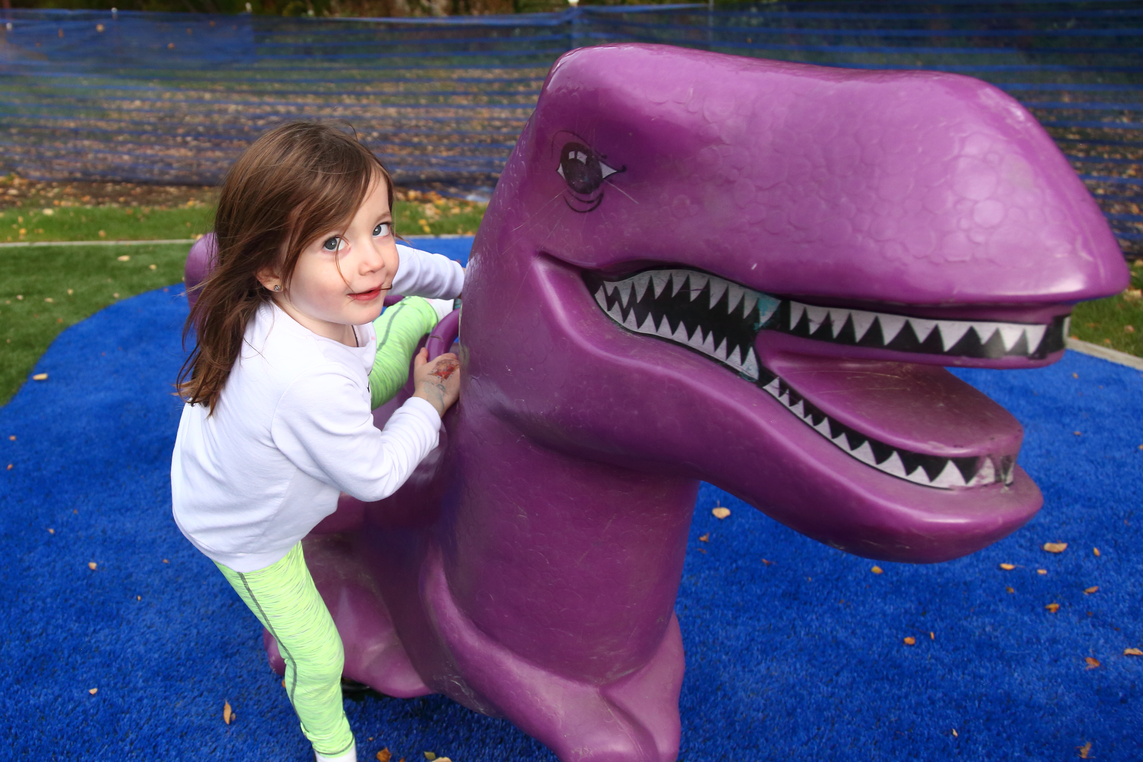Little girl on rocking dinosaur