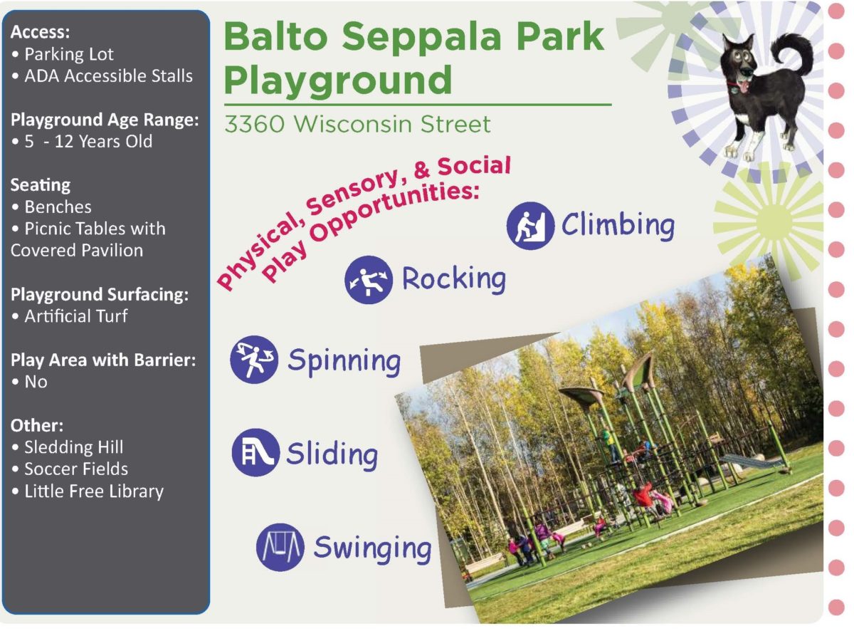 Infographic that says: "Balto Seppala Park Playground, 3360 Wisconsin Street. Physical, sensory, and social play opportunities: climbing, rocking, spinning, sliding, swinging. Access: parking lot, ADA accessible stalls. Playground age range: 5 to 12 years old. Seating: benches, picnic tables with covered pavillion. Playground surfacing: artificial turf. Play area with barrier: no. Other: sledding hill, soccer fields, little free library.