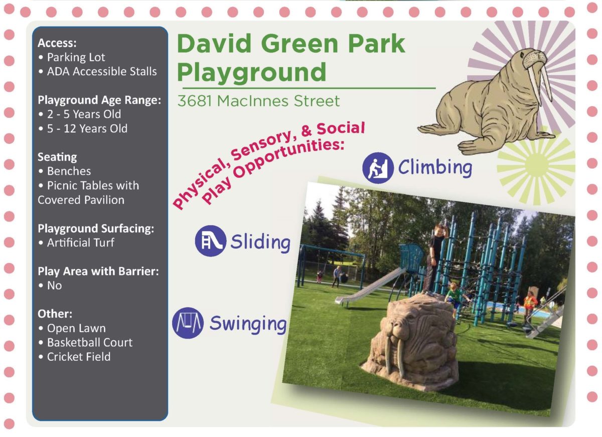 David Green Park Playground, 3681 MacInnes Street. Physical, sensory, and social play opportunities: Climbing, sliding, swinging. Access: parking lot, ADA accessible stalls. Playground age range: 2-5 years old, 5-12 years old. Seating: benches, picnic tables with covered pavilion. Playground surfacing: artificial turf. Play area with barrier: no. Other: open lawn, basketball court, cricket field.