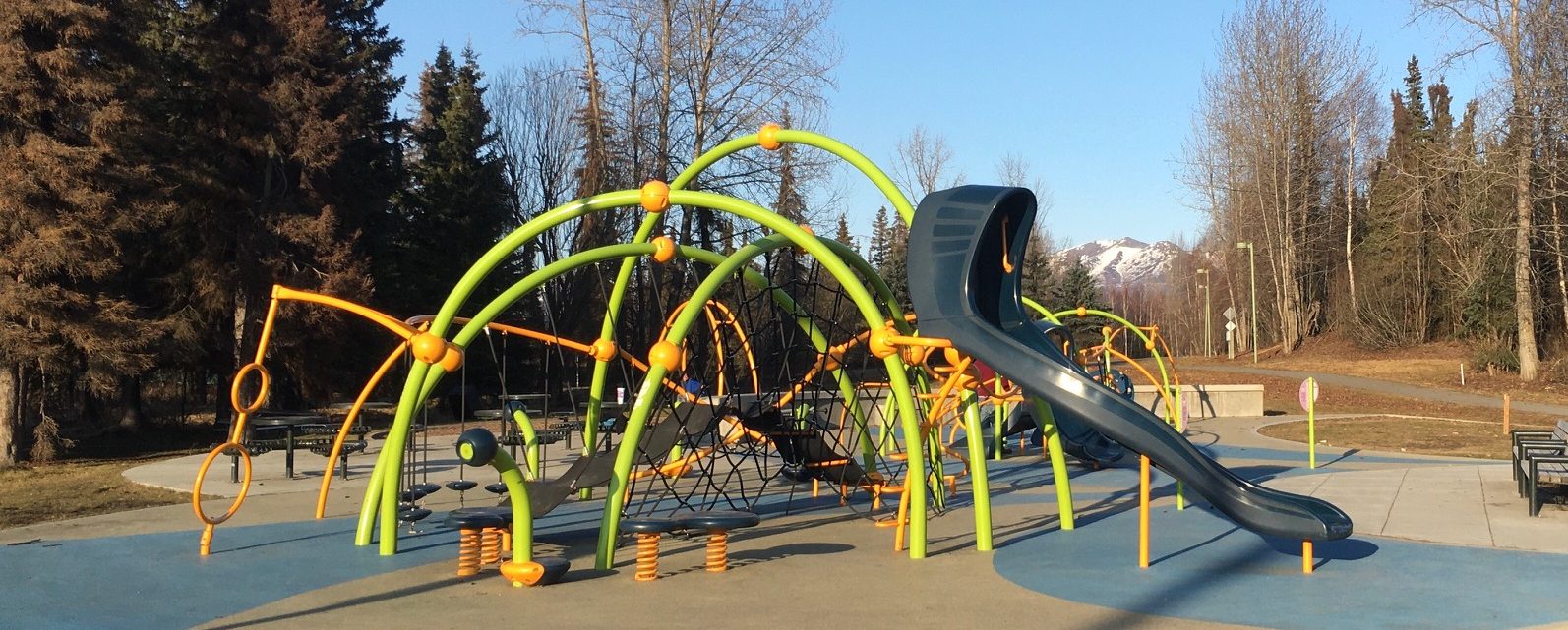 A playground with a slide and arches to climb on.