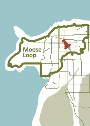 A map of the Moose Loop with a pin in the Lake Otis crossing