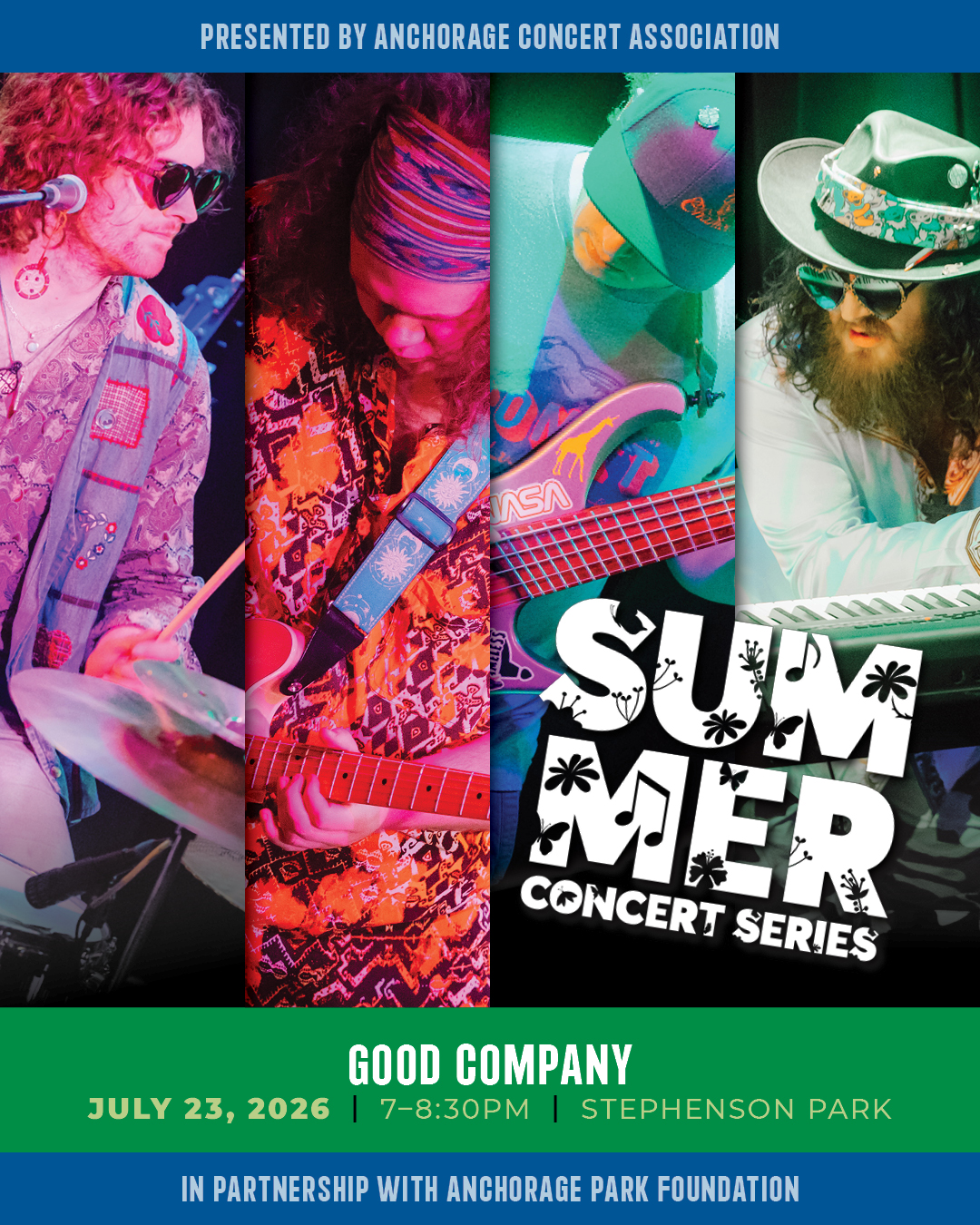Poster for Summer Concert Series 'Good Company' with four musicians; July 23, 2026, 7–8:30 PM, Stephenson Park; presented by Anchorage Concert Association.