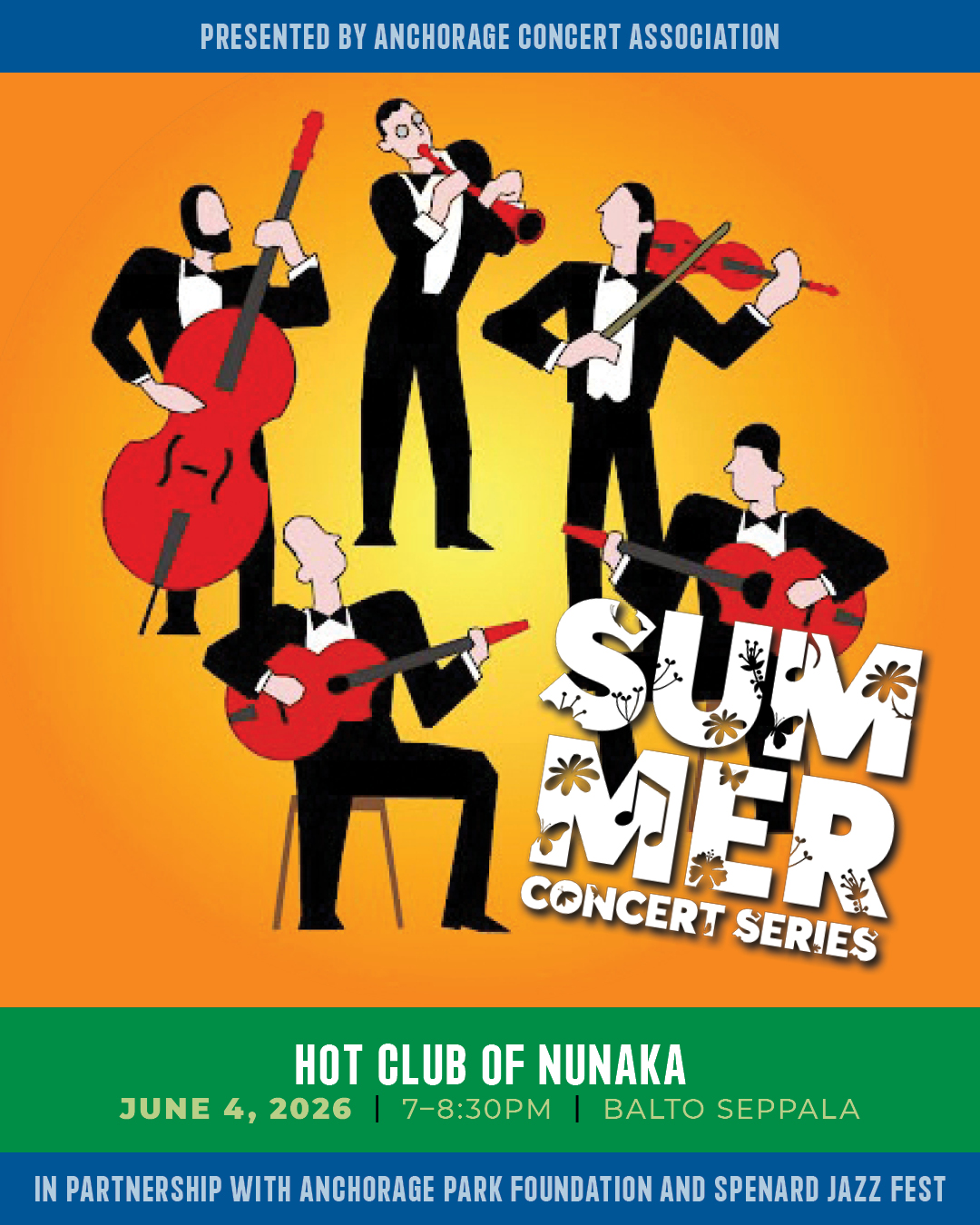 Poster advertising the Summer Concert Series: six tuxedoed musicians playing string instruments against an orange gradient, with a bold 'SUMMER CONCERT SERIES' graphic overlay and blue/green banner sections for event details.