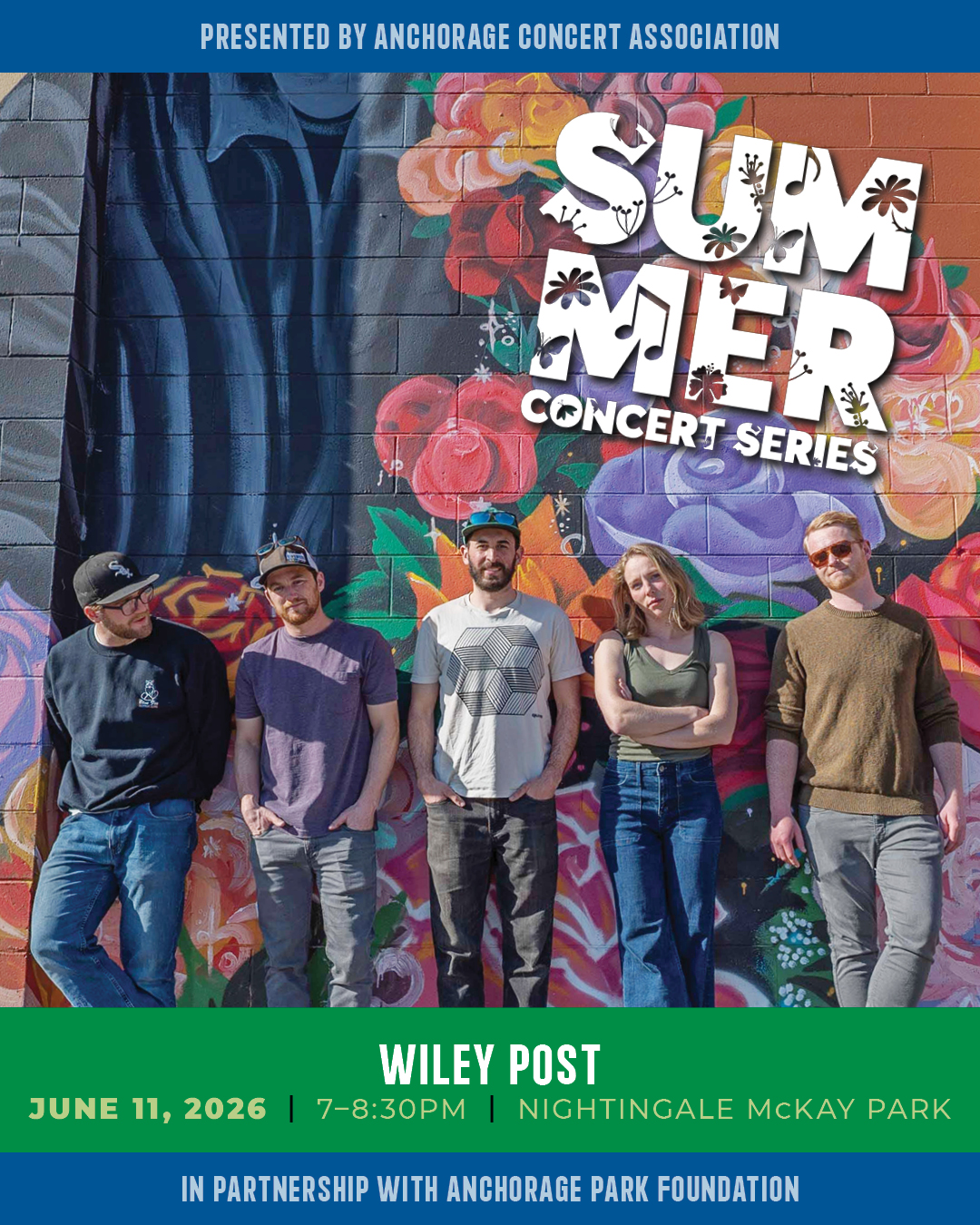 Summer Concert Series poster showing five people in front of a colorful mural; event details Wiley Post, June 11, 2026, 7–8:30 PM at Nightingale McKay Park.